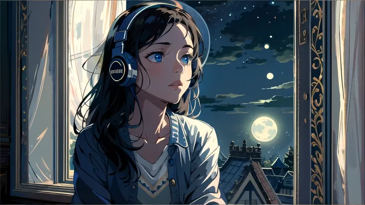 Create an illustration of a girl with dark hair and blue eyes, sitting sideways in front of the window of her room, She is wearing headphones and has a sentimental and introspective expression, Moonlight softly shines into the room, gently illuminating the...