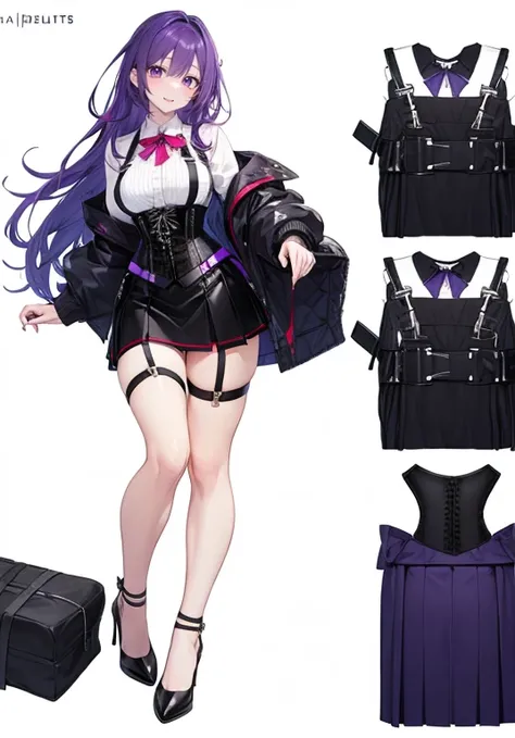 Purple hair,long hair,Adult female,((Body harness)),((Rolling up your sleeves shirt)),(Corset),(Tight skirt),(high heels),((Simple White background)),Smile,((Full body)),((whole body)),Character Sheet,