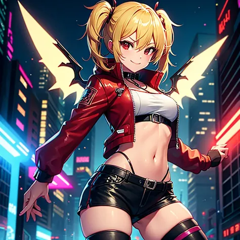 1 girl, solo, Flandre Scarlet, touhou, masterpiece, blonde hair, side pony tail, red eyes, smug smile, alternate costume, crystal light wings, black and red bomber jacket, RGB lights, punk rock shorts, rocker boots, cyberpunk art style, cyberpunk cityscape...