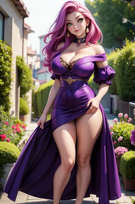 (best quality,highres,ultra-detailed),realistic,portraits,Asian girl,deep green eyes,detailed eyes,lips,tattooed arms,pink hair,elegant purple mini dress,purple shoes,big bust,big bottom. Full body, backgroud garden in the night