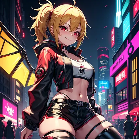 1 girl, solo, Flandre Scarlet, touhou, masterpiece, blonde hair, side pony tail, red eyes, smug smile, alternate costume, black and red bomber jacket, RGB light wings, punk rock shorts, leather boots, cyberpunk art style, cyberpunk cityscape, wide shot