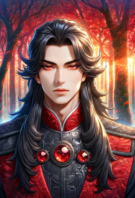 absurdres, highres, ultra detailed, HDR, master piece, best quality, extremely detailed face, delicated features, Xie Liang, spiky hair, black long hair, without bangs, expressive red eyes, Thousand Years War, solo, sexy man, handsome, black robes with acc...