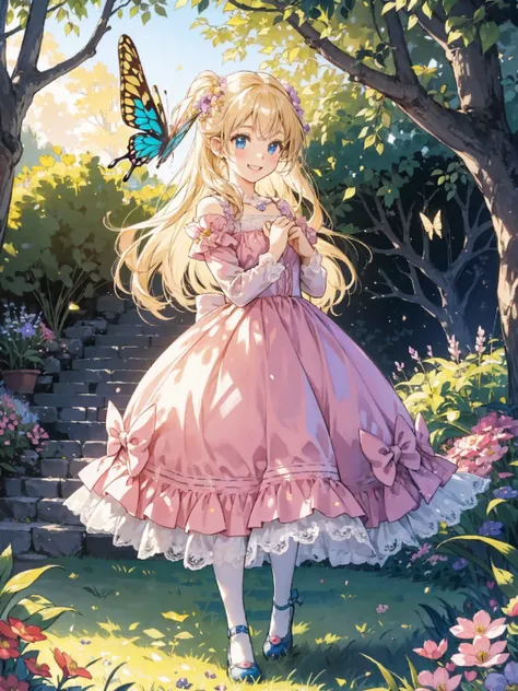 A delightful and adorable young girl stands in a charming, whimsical garden filled with vibrant flowers and fluttering butterflies. She has big, sparkling blue eyes that radiate innocence and joy, framed by long, flowing, golden hair adorned with tiny, col...