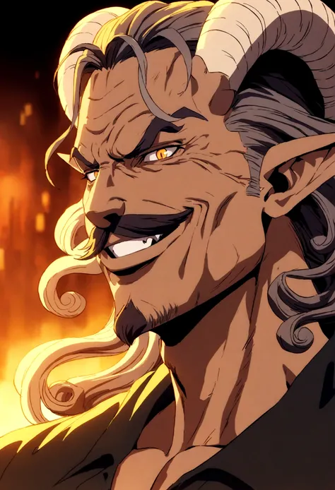 (best quality), (masterpiece), (detailed), older man with wrinkles and brown skin, gothic clothing, short curly salt and pepper hair with goatee and mustache, curly ram horns, pointed ears, evil, smile with fangs, orange and yellow eyes, 1990s anime style