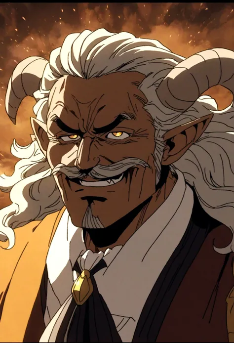 a older man with wrinkles and brown skin wearing aristocratic clothing, short curly salt and pepper hair with goatee and mustache, curly ram horns, pointed ears, evil, smile with fangs, orange and yellow eyes, 1990s anime style