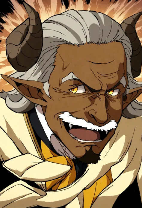 a older man with wrinkles and brown skin wearing aristocratic clothing, short curly salt and pepper hair with goatee and mustache, curly ram horns, pointed ears, evil, smile with fangs, orange and yellow eyes, 1990s anime style