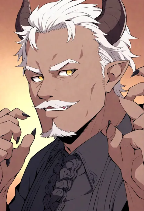 a older man with wrinkles and brown skin, gothic clothing, short curly salt and pepper hair with goatee and mustache, curly ram horns, pointed ears, evil, smile with fangs, orange and yellow eyes, akira toriyama