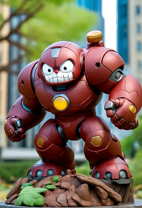 a small rusty hulkbuster x doraemon  figure, wear dirty cloak, IN THE CITY PARK, black steel mecha accent, hero pose, bird eye view, holding a sword, dieter ram style, trees