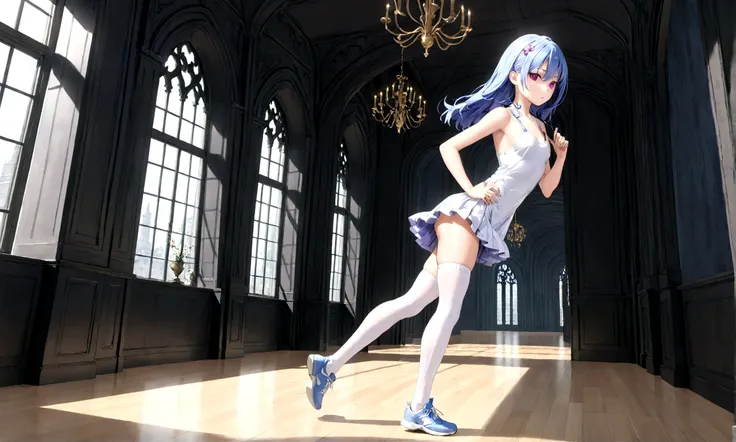 (mejor calidad, obra maestra:1.2), 1 chica, (((obra maestra))), (((cuerpo completo))), (((correr))), de primera calidad, de primera calidad, high details ray tracing ray tracing girl small breasts blue hair white pink eyes in dress Gothic short skirt white...