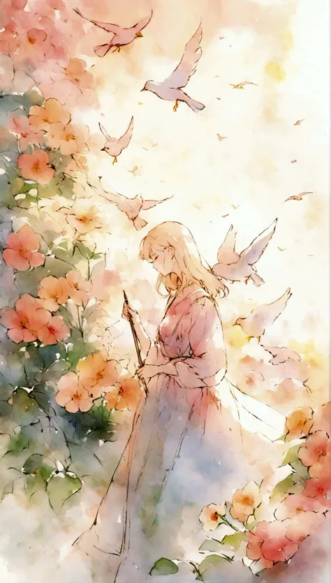 Flowers and birds, sketching, Watercolor color.