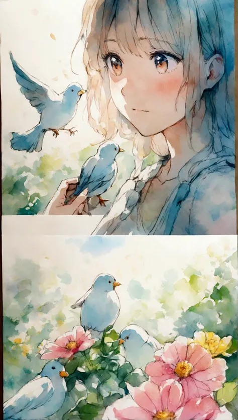 Flowers and birds, sketching, Watercolor color.