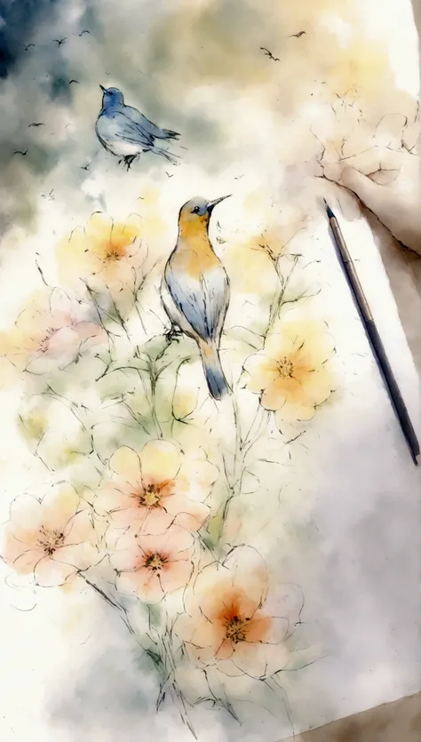 Flowers and birds, sketching, Watercolor color.