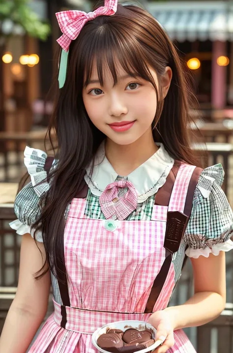 (masterpiece, highest quality:1.2), one girl, woman, 23 years old、 cute、(cuteメイド服を着ている), (pink gingham check maid outfit:1.5)) i...