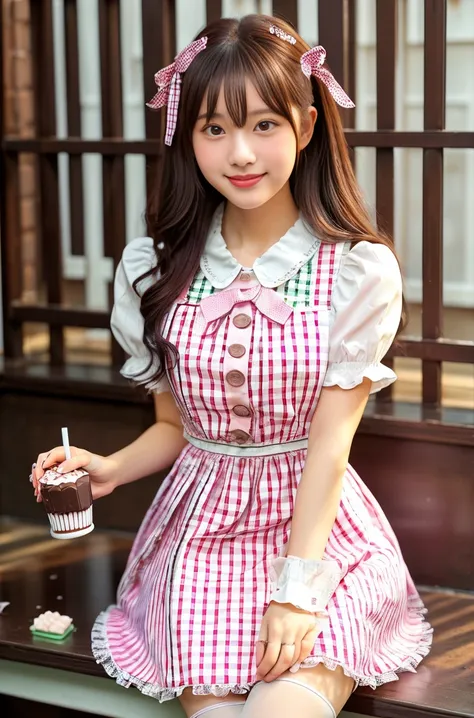 (masterpiece, highest quality:1.2), one girl, woman, 23 years old、 cute、(cuteメイド服を着ている), (pink gingham check maid outfit:1.5)) i...