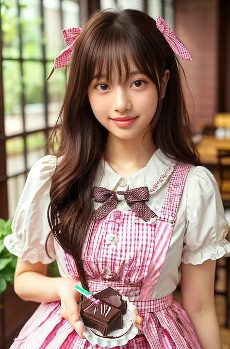 (masterpiece, highest quality:1.2), one girl, woman, 23 years old、 cute、(cuteメイド服を着ている), (pink gingham check maid outfit:1.5)) i...