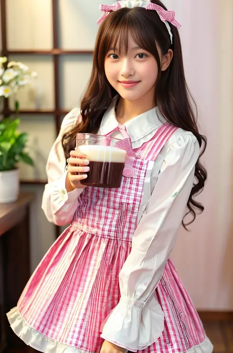 (masterpiece, highest quality:1.2), one girl, woman, 23 years old、 cute、(cuteメイド服を着ている), (pink gingham check maid outfit:1.5)) i...