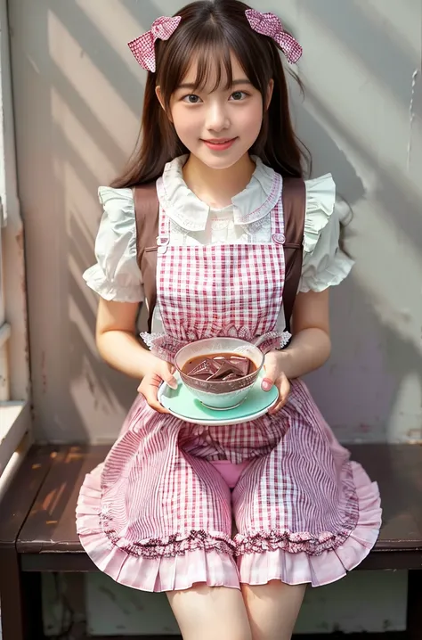 (masterpiece, highest quality:1.2), one girl, woman, 23 years old、 cute、(cuteメイド服を着ている), (pink gingham check maid outfit:1.5)) i...