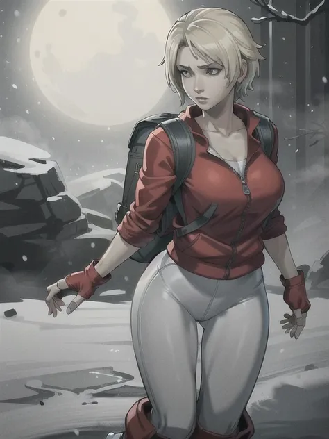 ((Best quality)), ((Masterpiece)), (detailed), (4K quality), (Detailed face:1.2), (Detailed eyes:1.2), (Perfect figure:1.2), 1girl, UDSam, solo, short hair, blonde hair, (Wearing: Red jacket, white leggings, fingerless gloves, snow boots and backpack:1.3),...