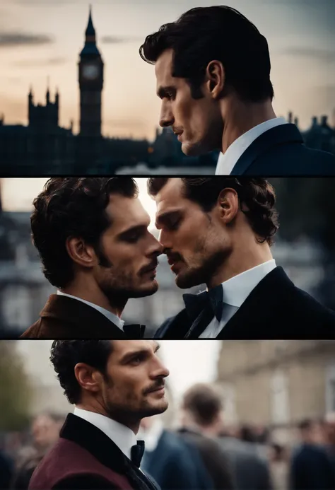 Henry cavill/Jamie Dornan lookalike, and Henry Cavill/David Gandy lookalike, standing in London kissing each other Passionately