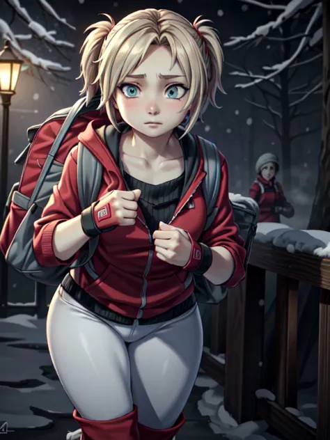 ((Best quality)), ((Masterpiece)), (detailed), (4K quality), (Detailed face:1.2), (Detailed eyes:1.2), (Perfect figure:1.2), 1girl, UDSam, solo, short hair, blonde hair, (Wearing: Red jacket, white leggings, fingerless gloves, snow boots and backpack:1.3),...