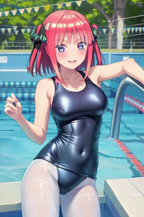 masterpiece, best quality, insanely detailed, beautiful, nino nakano, one-piece swimsuit, breasts, pantyhose, blush, smile, (outdoor swimming pool:1.3), legs spread