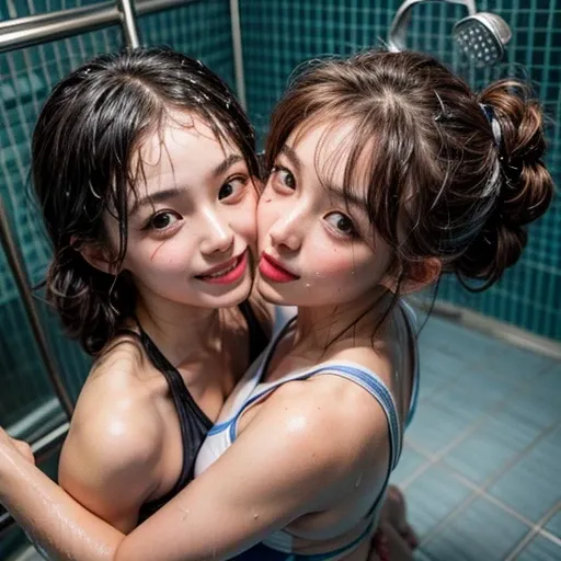 SFW, (Snapshot of girls kissing face to face in an open shower room by the pool), Braid hair, With bangs、(School Swimwear), the body is covered with juice、Sweating、be sweaty、Wet pearl skin, ((Wet swimsuit)), Perfect Lighting, Clear Focus, (bokeH:1.4), Roun...