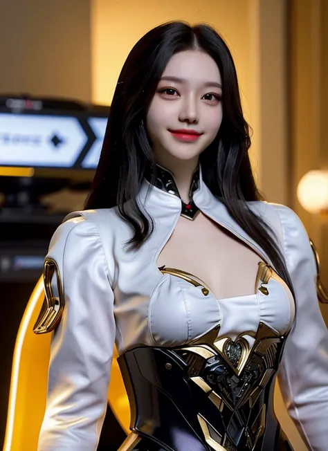 Armoured girl, realistic, long hair, yellow robotics, smile,