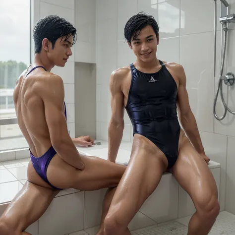 Wet Japanese boy in onepiece swimsuit, High-cut racing back one piece swimsuit, solo, smile, Boy with wet short black hair, very white skin, the boy has a seductive look, looking_at_viewer, Cool boy, shiny blue and purple one piece swimsuit thong, shiny_ha...