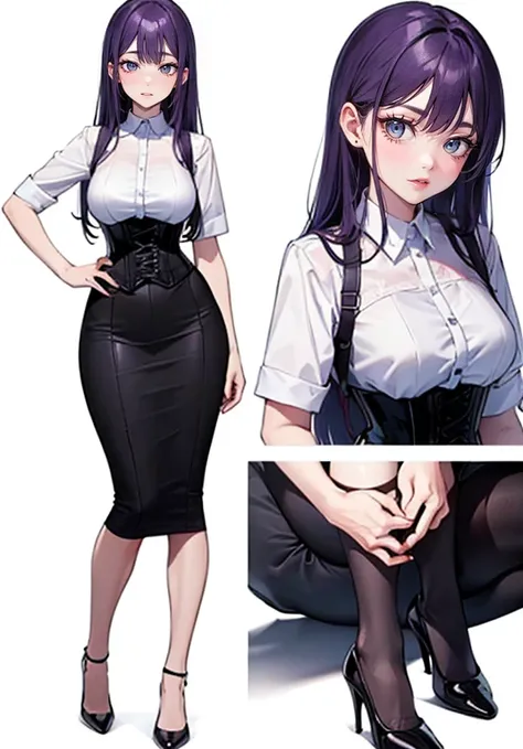 ((Perfect Face)),Purple Hair,long hair,Adult female,White shirt,((Shirt with rolled up sleeves)),(((Roll up your sleeves))),((corset)),skirt,(High heels),((Simple White Background)),((full body)),((Full Body)),