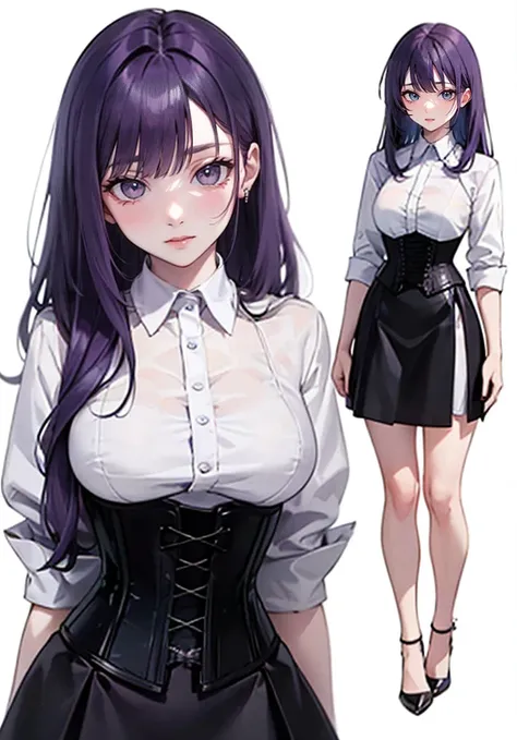 ((Perfect Face)),Purple Hair,long hair,Adult female,White shirt,((Shirt with rolled up sleeves)),(((Roll up your sleeves))),((corset)),skirt,(High heels),((Simple White Background)),((full body)),((Full Body)),