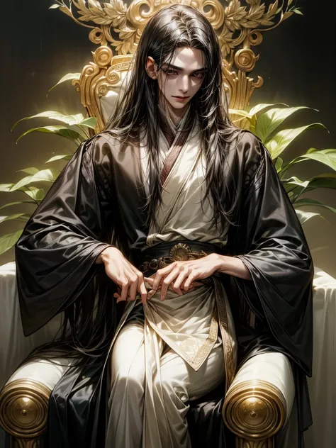 One Handsome male, long black hair, sleek body, small waist.
Fine eyes and detailed fine face.
Silk and jewerly ( diamonds, safires, rubies and gold) on his intricate and lusciously detailed hanfu clothing. Jewerly belt around waist.
Posing seductively on ...