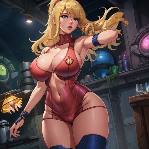 a beautiful full body portrait of Samus Aran from Metroid naked, very high detailed, pretty, slim thick, very huge breast, large breast, milky breast, wearless, nopants, hotpants, braless, wide hips, realistic, photorealistic, photo-realistic:1.37, (best q...