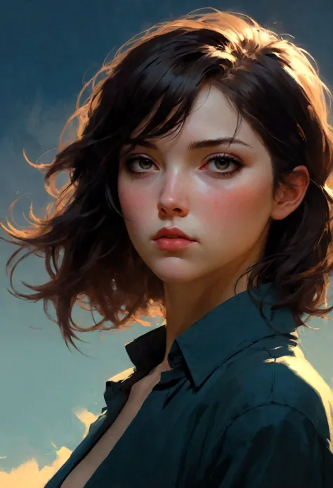 attractive woman, by greg rutkowski, malcolm liepke, alexi zaitsev, yoji shinkawa, ilya kuvshinov, highly detailed portrait, digital painting, bold brushstrokes, highly detailed, artstation, concept art, dramatic lighting 