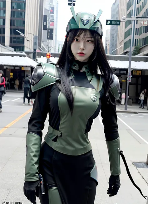 armoured girl, realistic, long hair, lite green black robotics, full helmet,