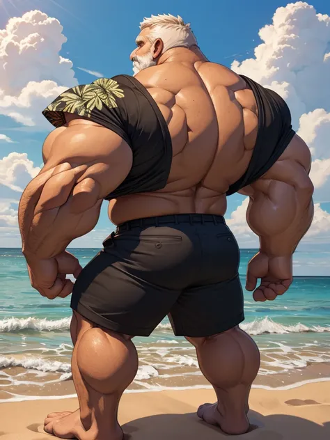 beach, back view, extremely huge muscular, massive muscular, full-body, well-muscled old man wearing black shorts and hawaiian shirt. showing back muscle. ((extremely muscle size, super thick arms, huge back, extremely wide back and shoulder , huge arms))....