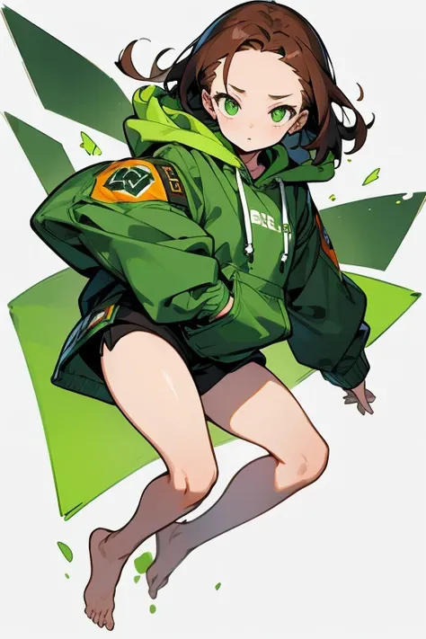  eye, exposed , , Forehead、 green_eye, Brown_hair, Hello, have, Jacket、hoodie、Shoulder Bare、Large hood、Brownのhair, Shorts、feet、Thighs、white background, full body