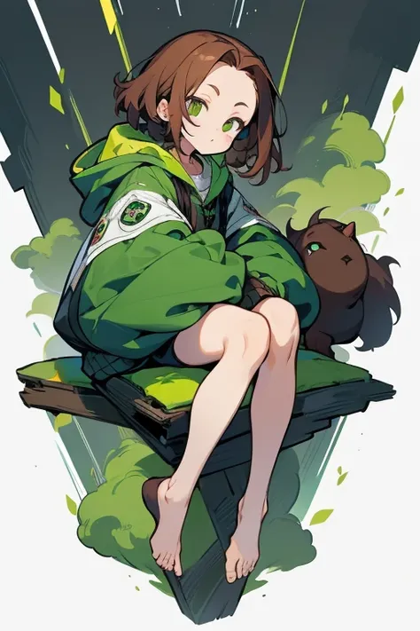  eye, exposed , , Forehead、 green_eye, Brown_hair, Hello, have, Jacket、hoodie、Shoulder Bare、Large hood、Brownのhair, Shorts、feet、Thighs、white background, full body