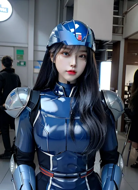 armoured girl, realistic, long hair, blue robotics, full helmet,