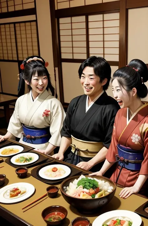 A lively Japanese banquet scene with a samurai at the center telling a humorous story, guests laughing heartily.