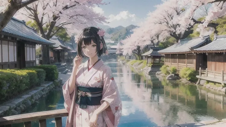 (masterpiece), highest quality, Detailed Background, nature光, nature, Kyoto Arashiyama, Cafe、Cherry Blossom, One girl, Medium chest, Medium Hair, Black Hair, Pink kimono,headphone