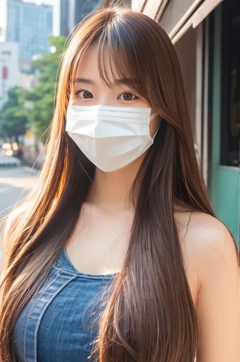 One girl, Japanese, cute sister, semi-long hair, brown hair color, wearing a mask, selfie, background is city , upper body only, face close, realistic girl, top quality image,