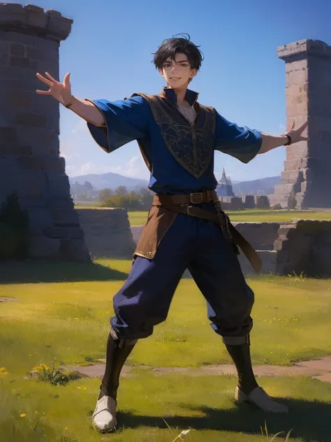 masterpiece, best quality, rpg character art, epic fantasy art style, 1 man, Aldric, 18 year old man, youthful appearance, skinny, normal build, smiling mischievously, raising one arm towards the viewer, beckoning the viewer, challenging the viewer, fighti...