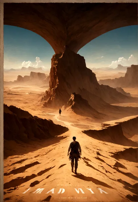 The image is a poster for the movie "Mad Max: Fury Road" set against a desert landscape. The background depicts an arid land with a stretch of yellow and brown sand leading into the distance, flanked by tall, dark brown mountains on either side. Above, the...