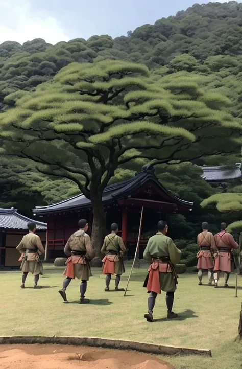 A historical Japanese battlefield scene with a samurai being guarded by soldiers while attending to a private matter in the outdoors