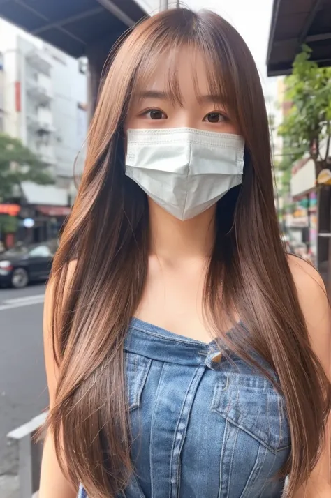 One girl, Japanese, cute sister, semi-long hair, brown hair color, wearing a mask, selfie, background is city , upper body only, face close, realistic girl, top quality image,