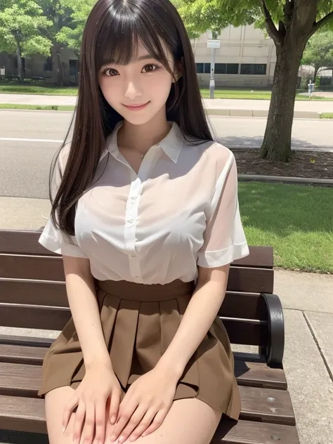 ((highest quality)), ((masterpiece)), (detailed),Japanese Beauty, One Girl, (beautiful girl:1.3), (20-year-old:1.2), Very fine grain definition, (Symmetrical eyes:1.3), Beautiful breasts, Brown eyes, Parted bangs, Dark Hair, sitting on a park bench, Smilin...