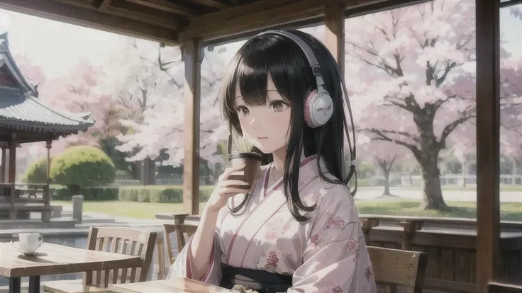 (masterpiece), highest quality, Detailed Background, nature光, nature, Kyoto, Cafe、indoor,Cherry Blossom, One girl, Medium chest, Medium Hair, Black Hair, Pink kimono,headphone,listen to music,Drink coffee