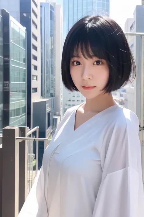 One girl, Japanese, cute sister, black hair color , short hair, wearing a white mask, selfie, background is city , upper body only, face close, realistic girl, top quality image,