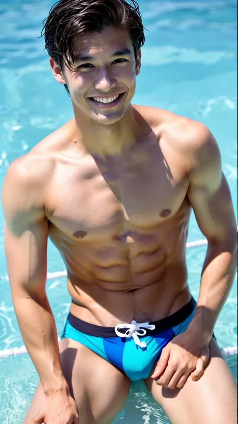 male Age 30 swimwear lifeguard topless smile