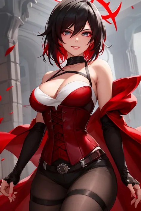 ruby rose, rwby, solo, close-up, portrait, looking at viewer, come hither, seductive smile, naughty face, lips, multicolored hair, two-tone hair, gradient hair, black hair, short hair, colored tips, spiky hair, grey eyes, glowing eyes, halo, tanned, biceps...